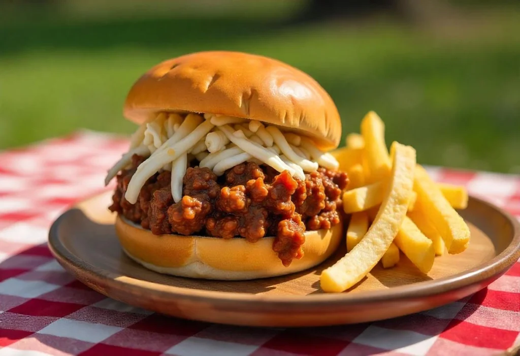 A Sloppy Joe sandwich served with crispy fries and coleslaw on a rustic plate