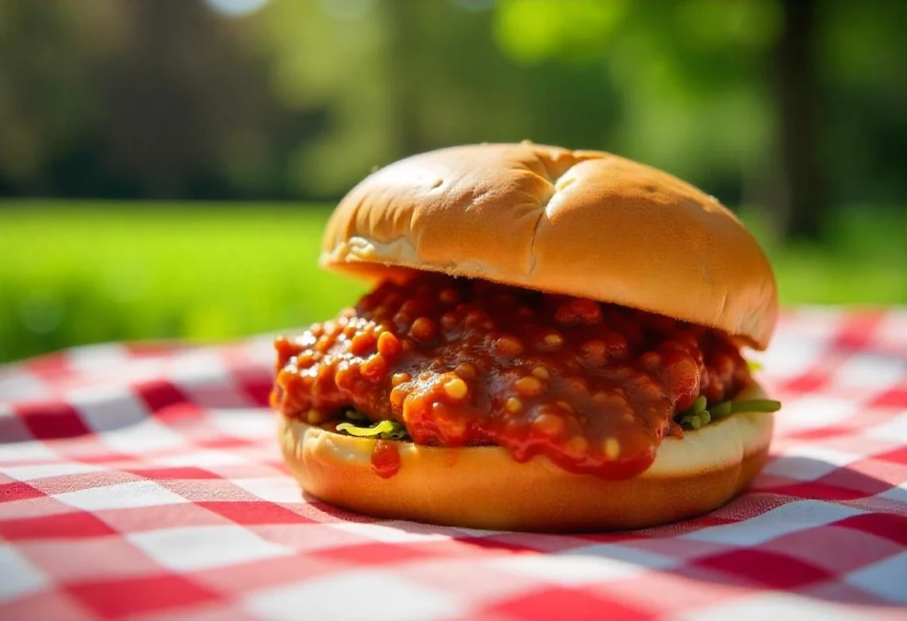 A Sloppy Joe with a bite taken out, showing the saucy filling and soft bun