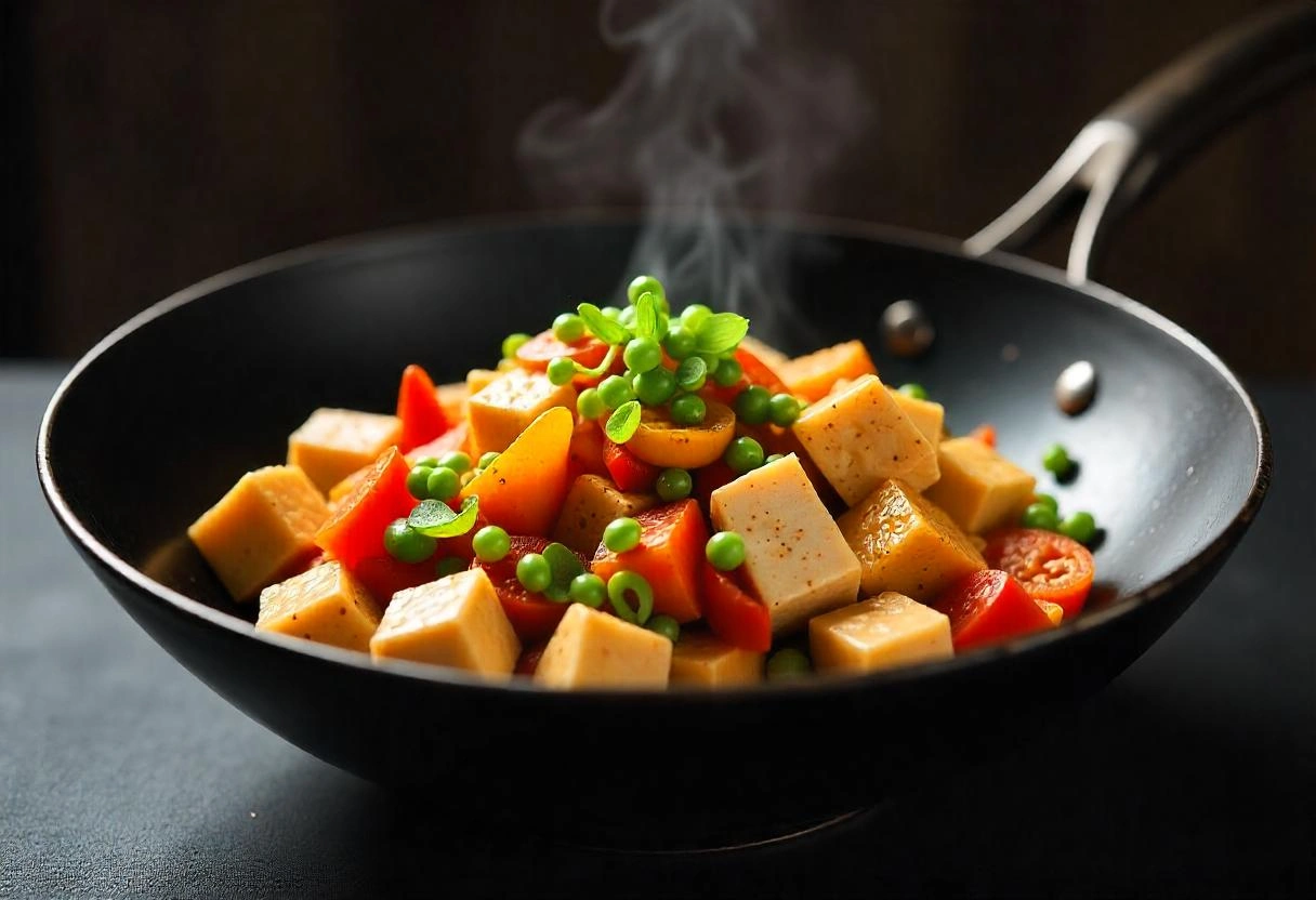 Tofu stir-fry with colorful vegetables sizzling in a wok