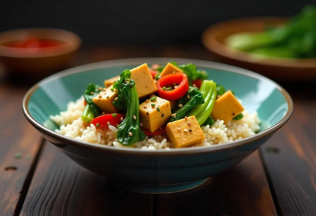 A bowl of tofu stir-fry served over steamed rice, garnished with sesame seeds