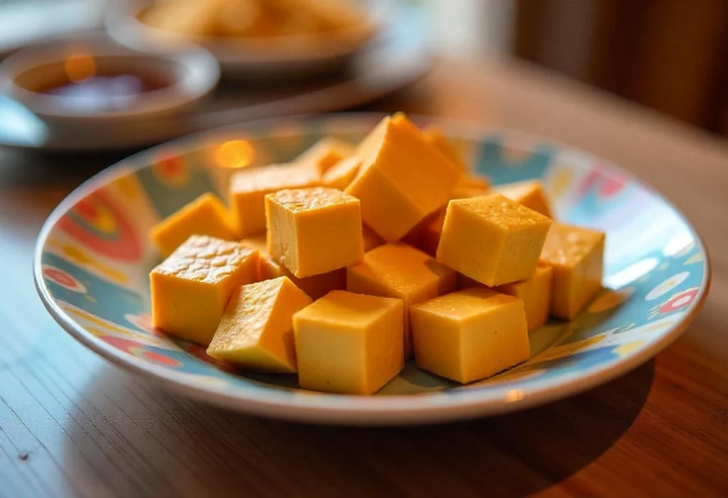 Golden, crispy tofu cubes on a plate, ready for stir-frying