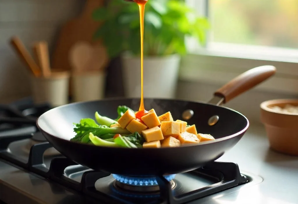 Savory stir-fry sauce being drizzled over tofu and vegetables in a pan