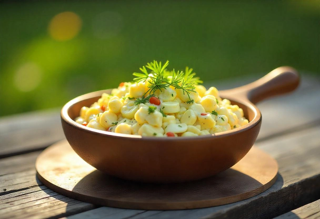 A bowl of creamy egg salad garnished with fresh herbs