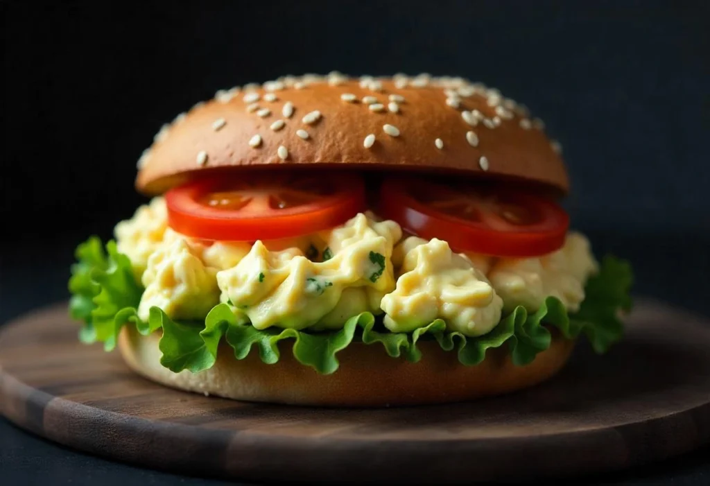 Egg salad sandwich on whole-grain bread with lettuce and tomato