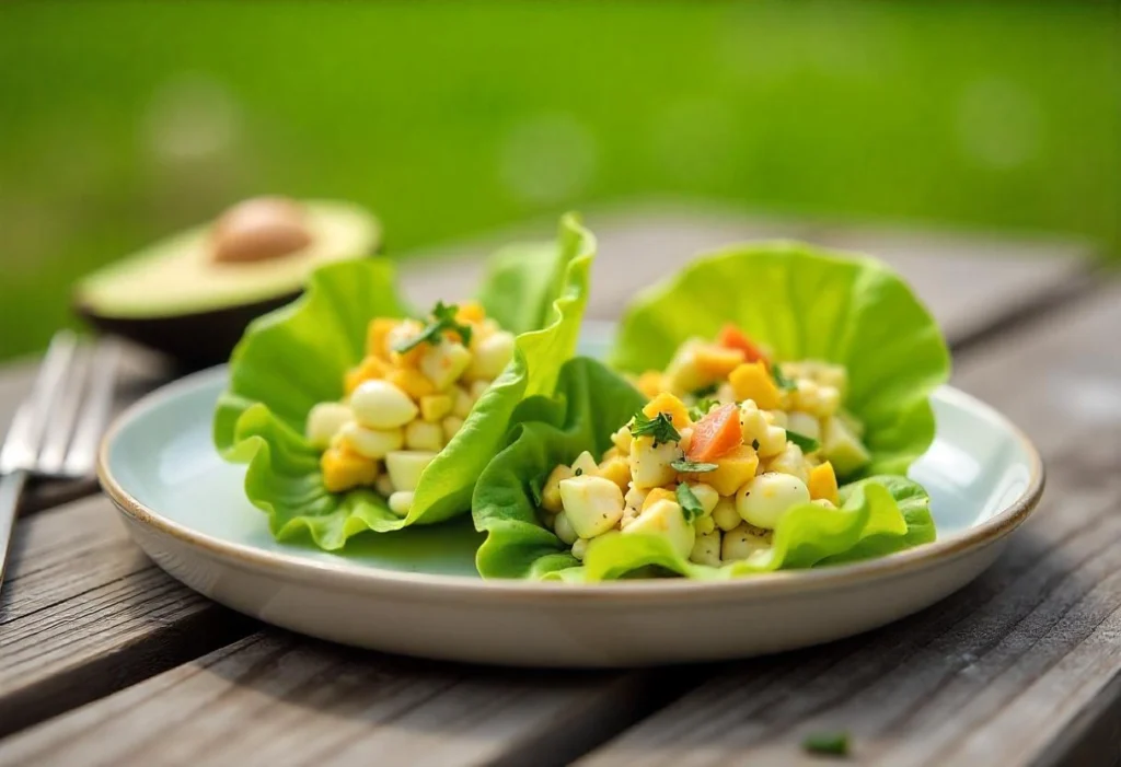 Egg salad with avocado served in fresh lettuce wraps