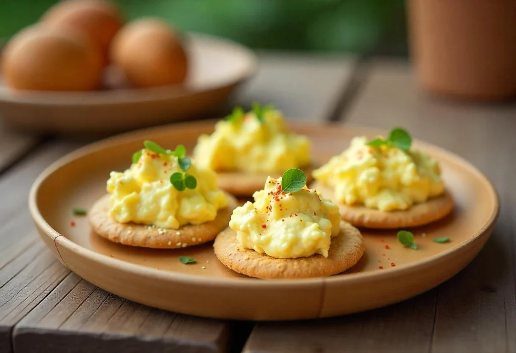 Egg salad served on crispy crackers with paprika garnish