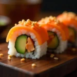 Close-up of a California roll with avocado, crab, and cucumber, topped with sesame seeds