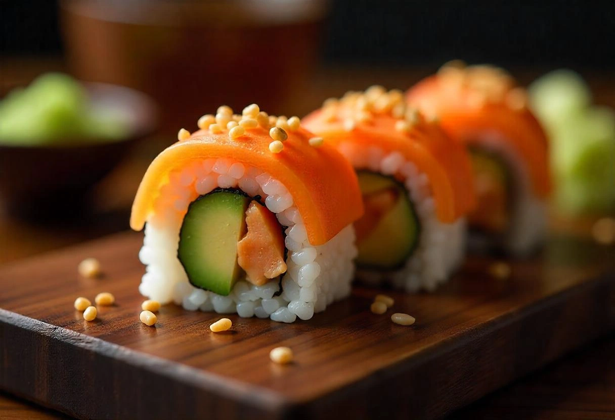 Close-up of a California roll with avocado, crab, and cucumber, topped with sesame seeds