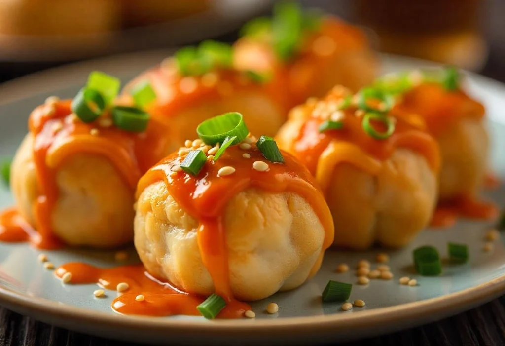 A plate of spicy crab rolls topped with spicy mayo and sriracha, garnished with sesame seeds and green onions