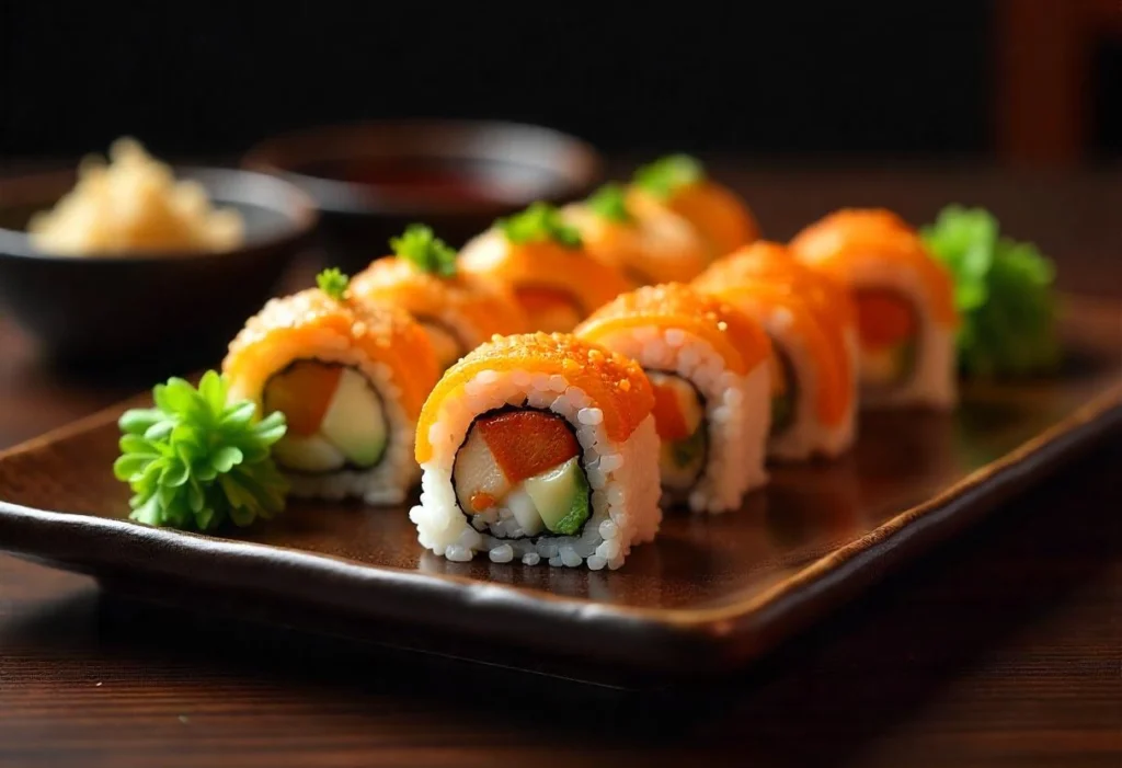 A sushi platter with California rolls on one side and spicy crab rolls on the other, served with wasabi and soy sauce