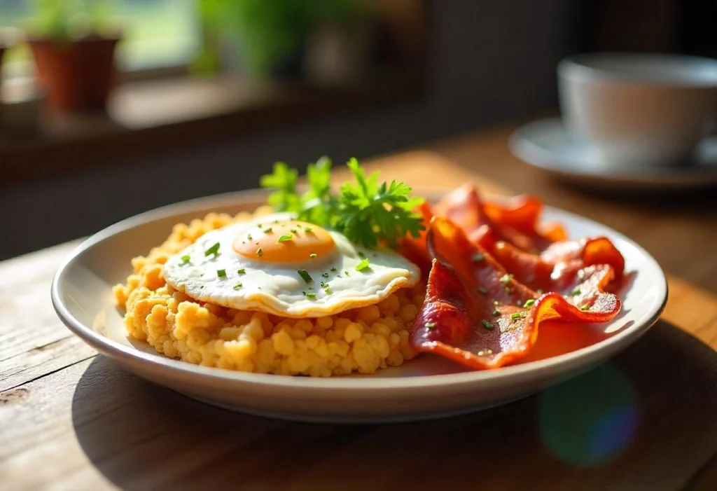 A plate of freshly cooked frozen hash browns served with eggs and bacon