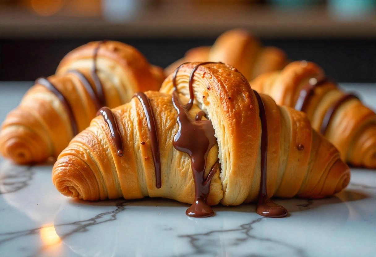 Golden, flaky croissants with gooey cookie dough filling oozing out