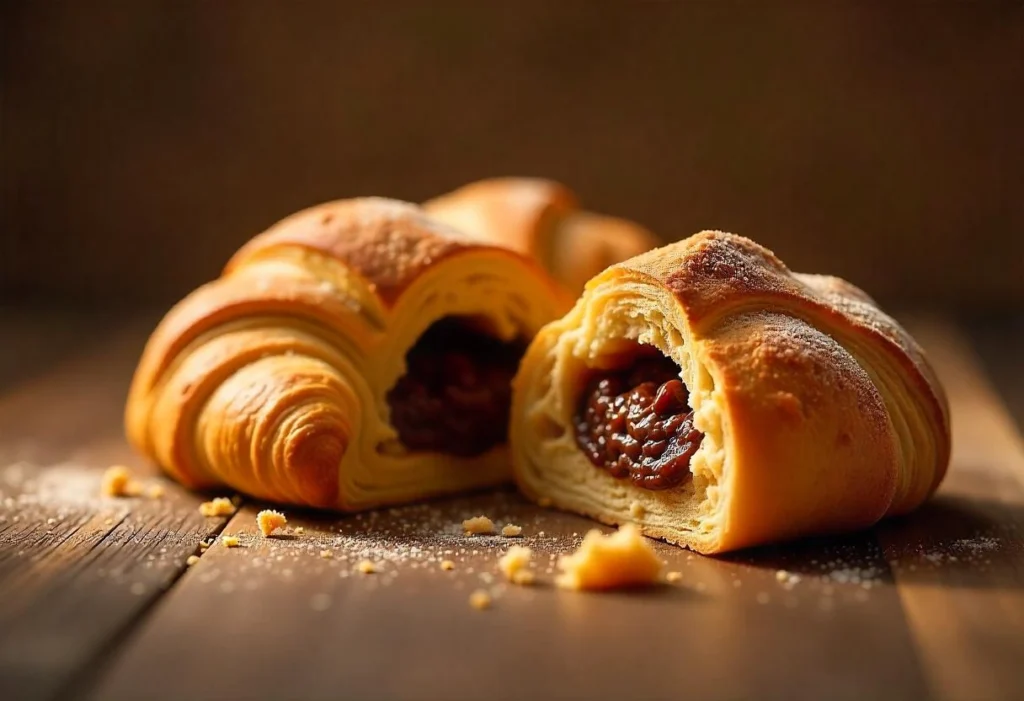 A cookie dough croissant sliced open, revealing its soft, chocolatey filling