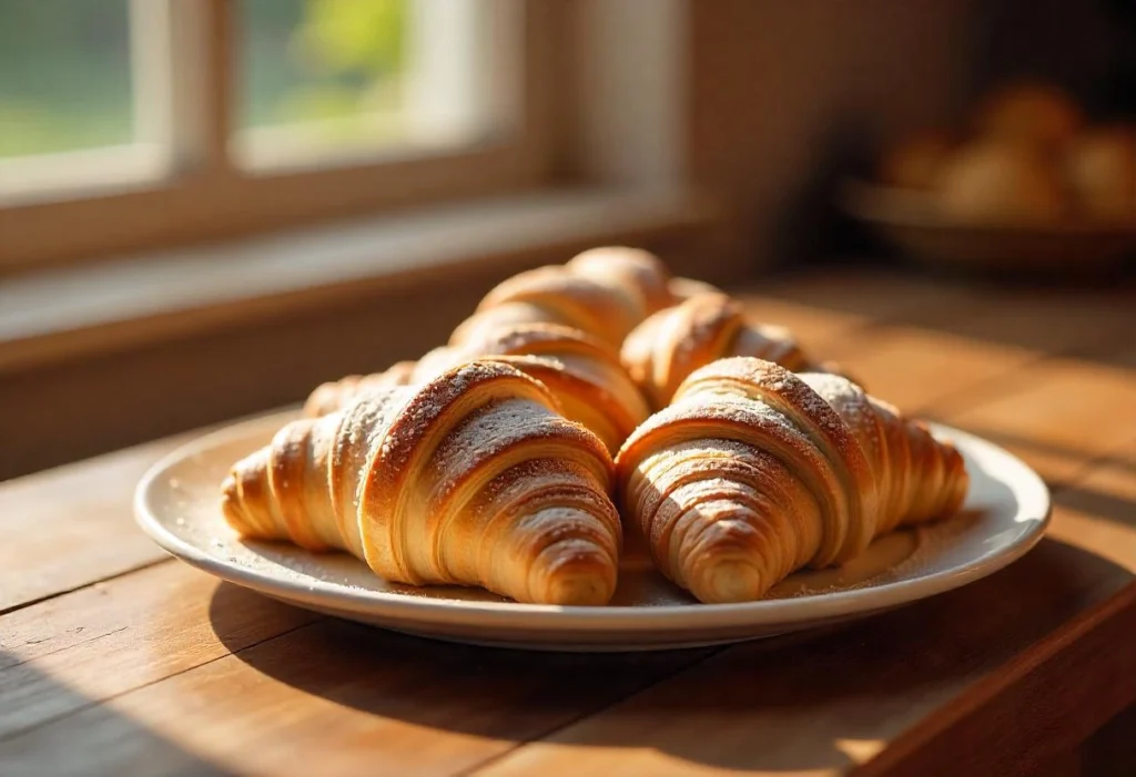 A plate of cookie dough croissants dusted with powdered sugar, ready to serve