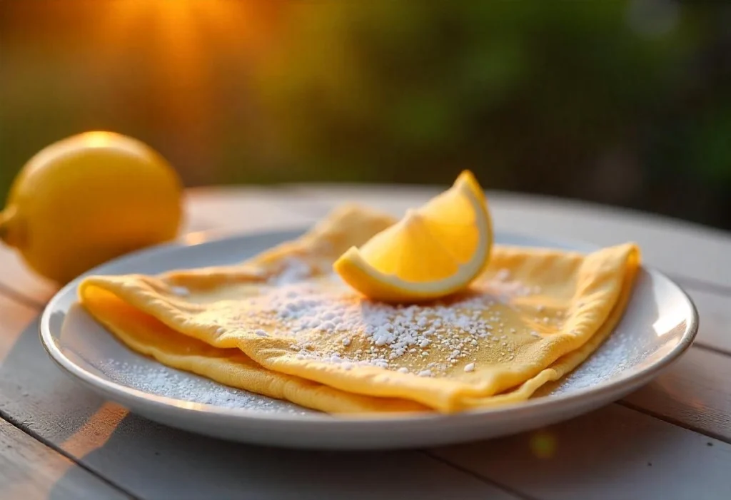 A thin, golden French crepe folded on a white plate with powdered sugar and lemon slices