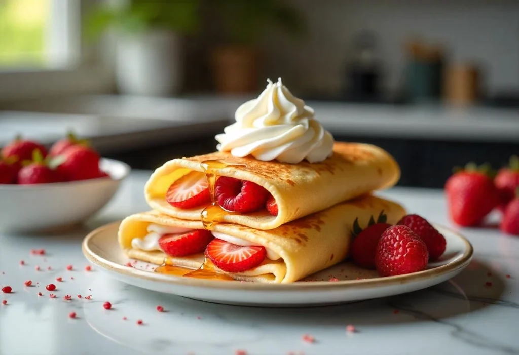 A stack of French crepes filled with fresh berries and whipped cream, drizzled with honey