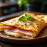 A savory French crepe folded and filled with melted cheese, ham, and fresh herbs