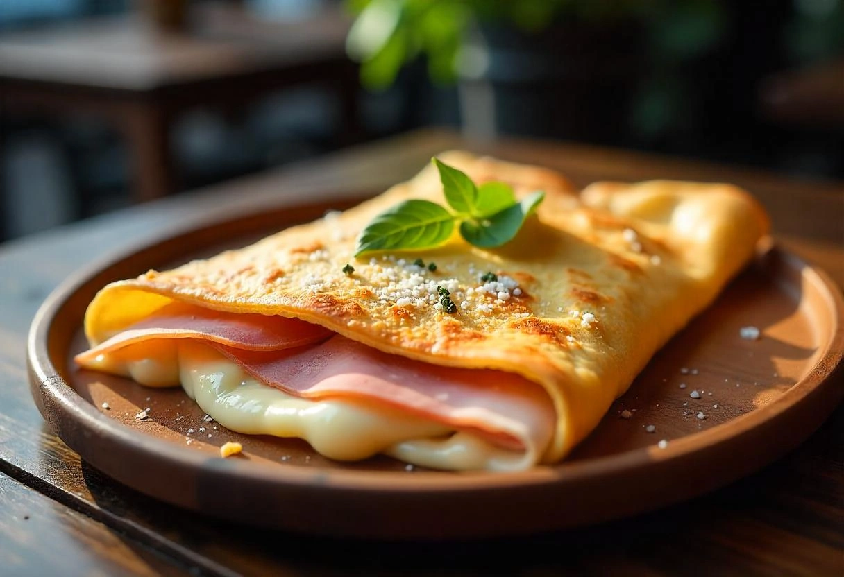 A savory French crepe folded and filled with melted cheese, ham, and fresh herbs