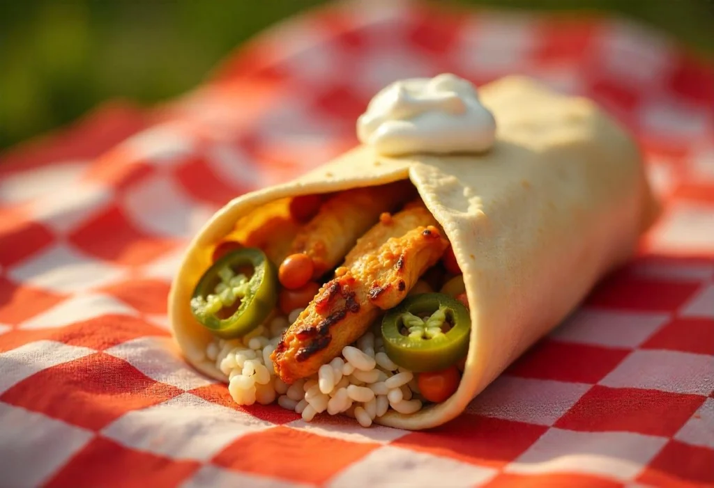 A sliced hot burrito revealing a filling of rice, beans, jalapeños, and grilled chicken