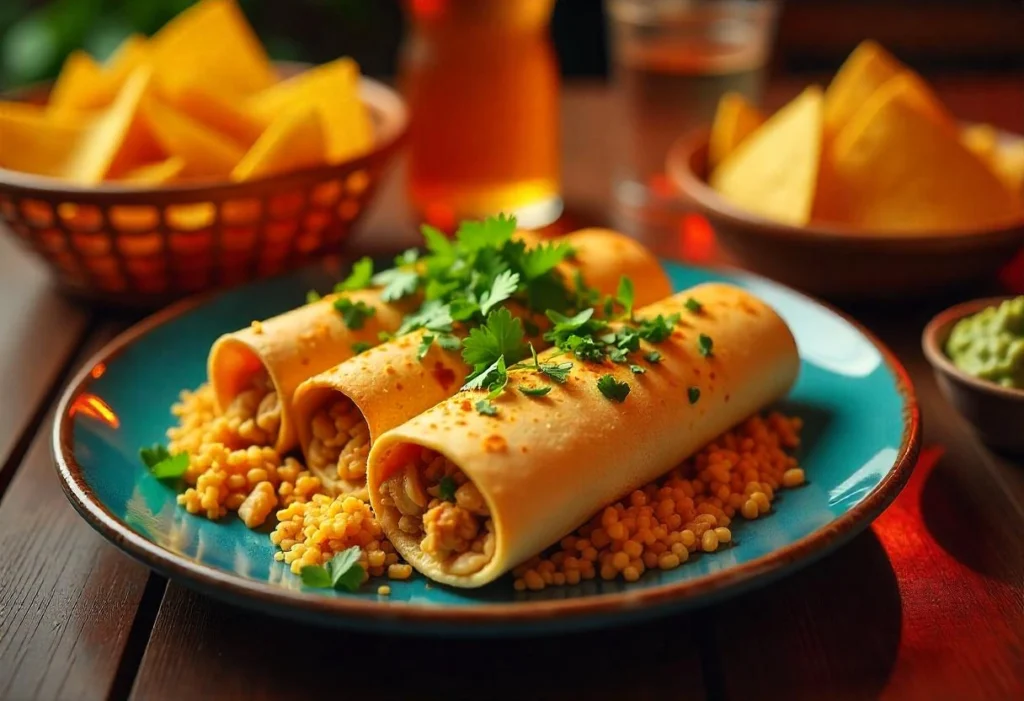 A plate of hot burritos served with fresh salsa, guacamole, and a side of tortilla chips