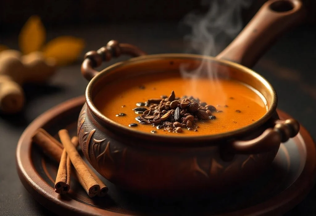 A simmering pot of Indian chai with black tea leaves, cardamom, cinnamon, and ginger