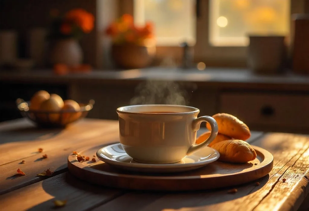 A cup of hot masala chai served with samosas and biscuits on a rustic wooden table