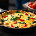 A freshly baked vegetable frittata in a cast-iron skillet, filled with colorful bell peppers, spinach, and cheese