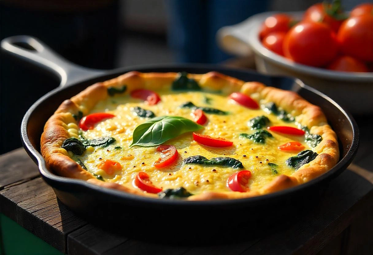 A freshly baked vegetable frittata in a cast-iron skillet, filled with colorful bell peppers, spinach, and cheese