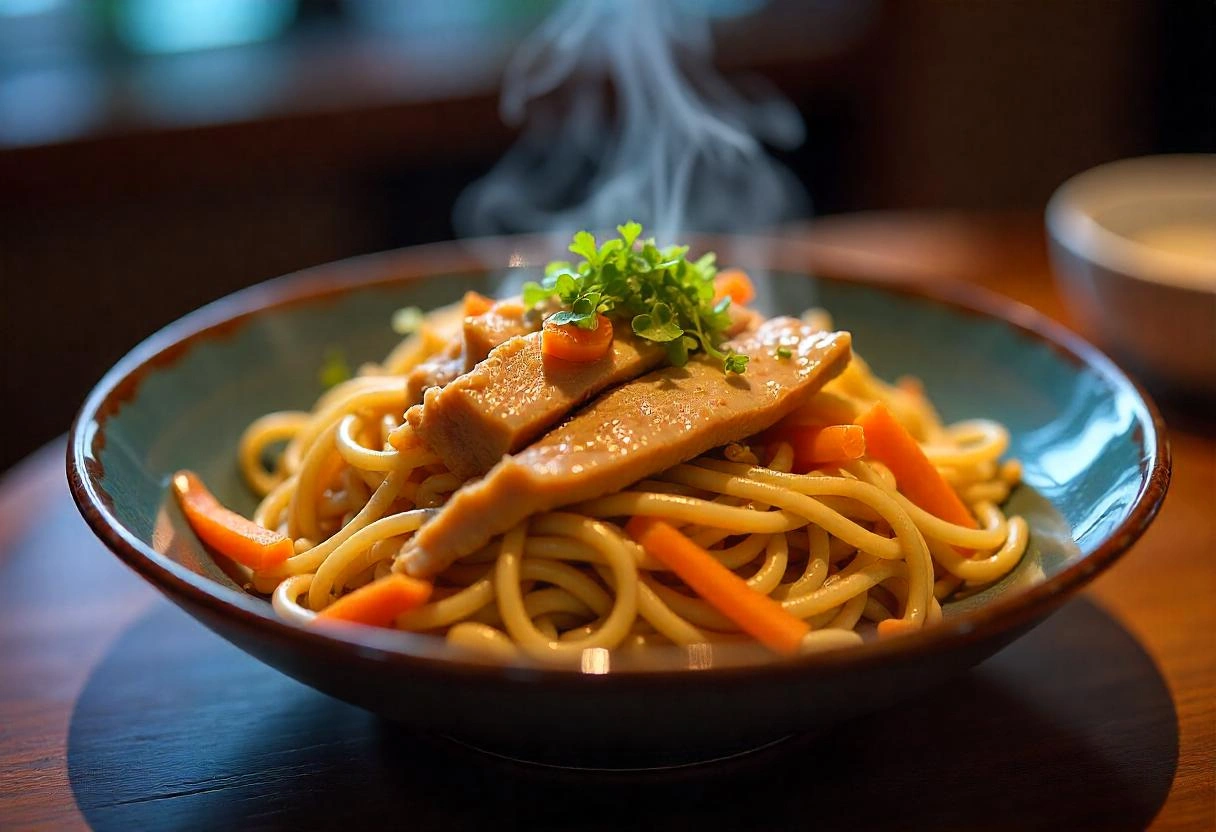 A plate of Yakisoba noodles stir-fried with vegetables, pork, and a savory sauce, garnished with bonito flakes