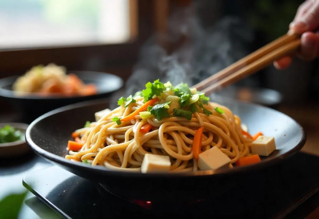 Freshly cooked Yakisoba being stir-fried on a teppan grill with cabbage, carrots, and meat