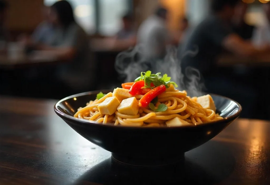 A bowl of vegetarian Yakisoba with stir-fried noodles, tofu, and colorful bell peppers