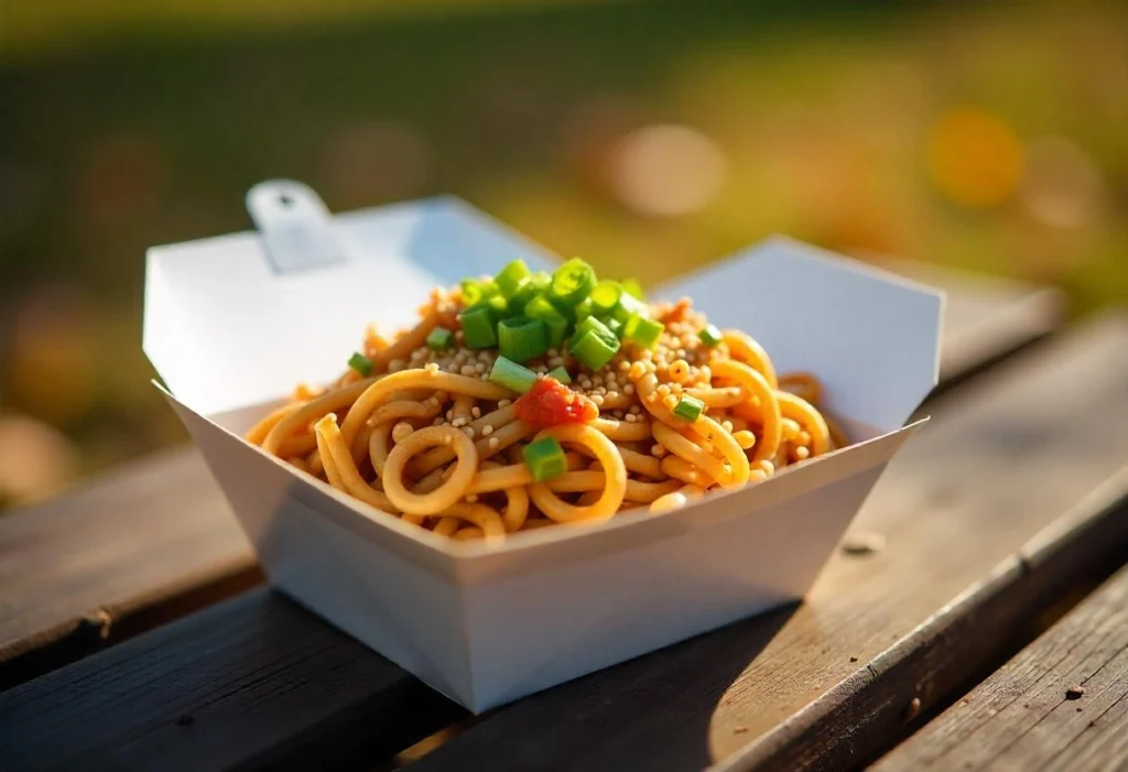 A takeout container filled with Yakisoba noodles, garnished with green onions and sesame seeds