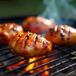 Juicy teriyaki-glazed chicken grilling over an open flame, with a rich caramelized glaze