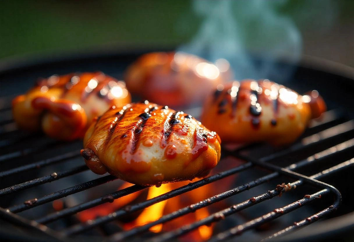 Juicy teriyaki-glazed chicken grilling over an open flame, with a rich caramelized glaze