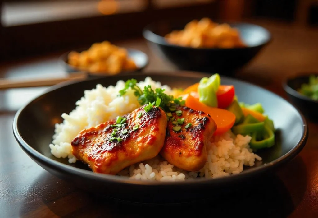 A plate of grilled teriyaki chicken served with steamed rice and stir-fried vegetables