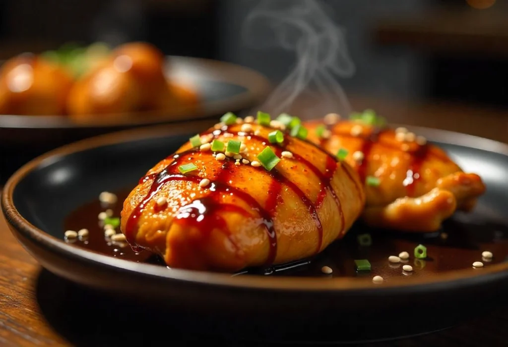 A close-up of grilled chicken brushed with thick teriyaki glaze, glistening under the light