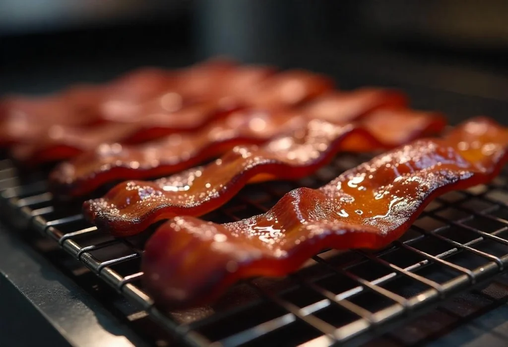 Glazed candied bacon strips cooling on a wire rack with a caramelized sugar coating