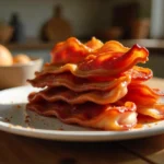 A close-up of crispy candied bacon pieces stacked on a plate, glistening with caramelized sugar