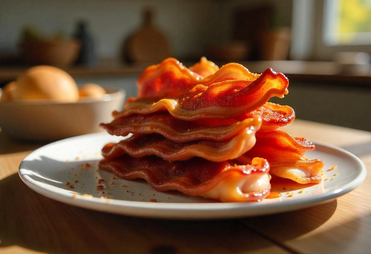 A close-up of crispy candied bacon pieces stacked on a plate, glistening with caramelized sugar