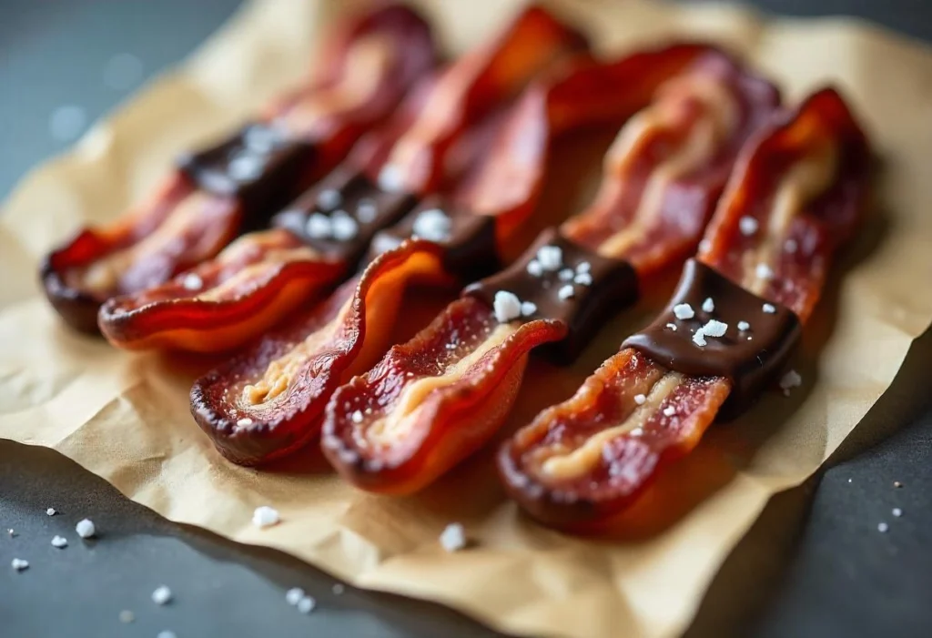 Candied bacon dipped in dark chocolate and sprinkled with sea salt on parchment paper