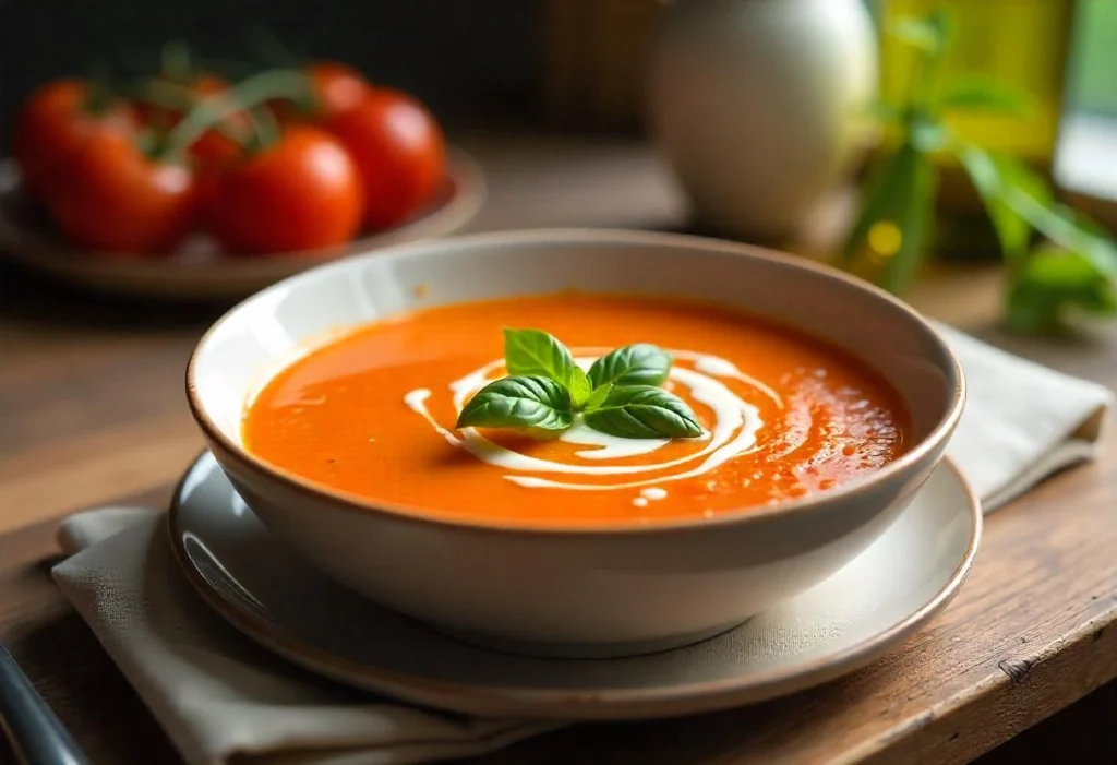 A bowl of creamy tomato soup garnished with fresh basil and a swirl of cream