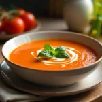 A bowl of creamy tomato soup garnished with fresh basil and a swirl of cream