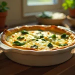 A golden-brown crustless quiche with spinach and cheese in a white ceramic dish