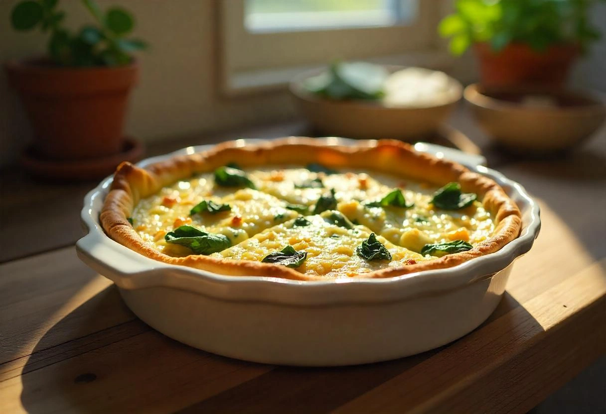 A golden-brown crustless quiche with spinach and cheese in a white ceramic dish