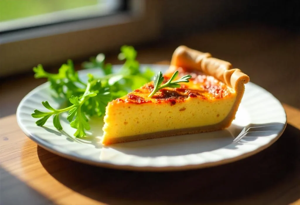 A slice of crustless quiche on a plate with a side of fresh greens