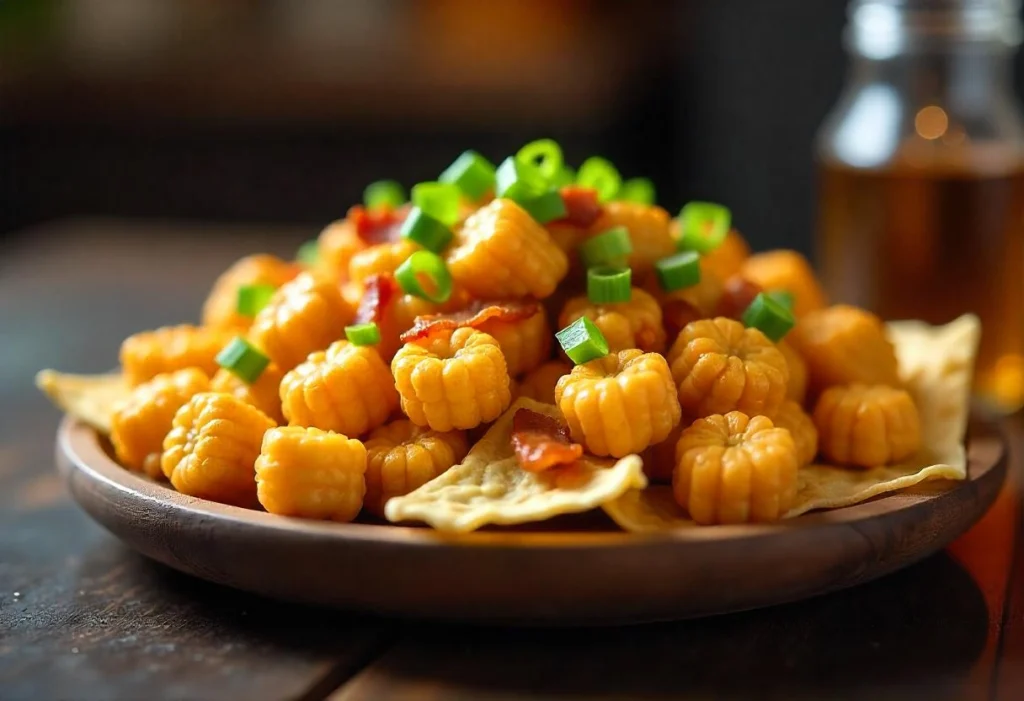 A plate of loaded tater tot nachos topped with cheese, bacon, and green onions