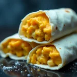 Individually wrapped frozen breakfast burritos stacked in a freezer-safe container