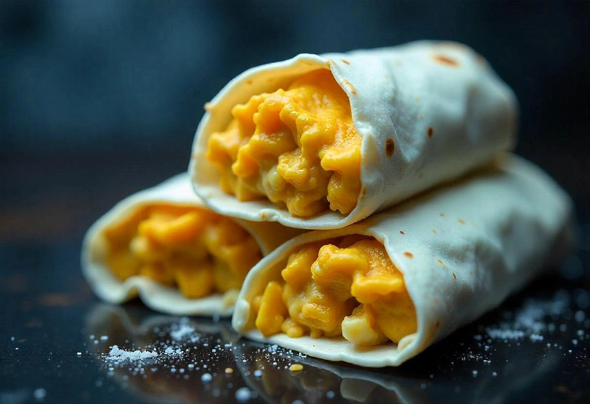 Individually wrapped frozen breakfast burritos stacked in a freezer-safe container