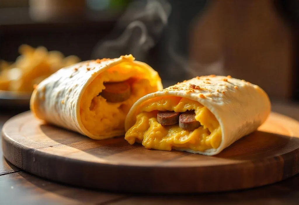 A freshly heated breakfast burrito cut in half, revealing eggs, cheese, and sausage inside