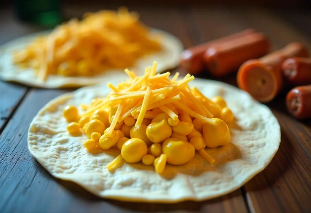 Tortillas, scrambled eggs, cheese, and cooked sausage laid out for assembling breakfast burritos